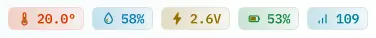 zb14: 20.0 °C, 58 %, 2.6 V, батарея 53 %, сигнал 109